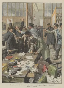 Incredible audacity of Russian revolutionaries, storming a post office, by day, in Petersburg (colour litho) Incredible audacity of Russian revolutionaries, storming a post office, by day, in Petersburg (colour litho)