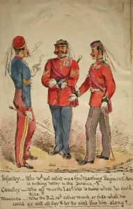 Infantry, Cavalry and Marines Discussion, 1869 (pen & ink with w/c on paper) Infantry, Cavalry and Marines Discussion, 1869 (pen & ink with w/c on paper)