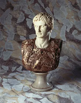 An Italian sculpted statuary and breccia marble bust of Caesar Augustus An Italian sculpted statuary and breccia marble bust of Caesar Augustus