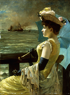 A Lady with a Parasol Looking out to Sea, (oil on canvas) A Lady with a Parasol Looking out to Sea, (oil on canvas)