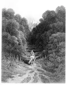 Lancelot approaches the Castle at Astolat, illustration from Idylls of the King' Lancelot approaches the Castle at Astolat, illustration from Idylls of the King'