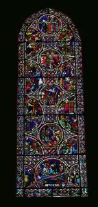 Lancet window depicting the Parable of the Good Samaritan (stained glass) Lancet window depicting the Parable of the Good Samaritan (stained glass)