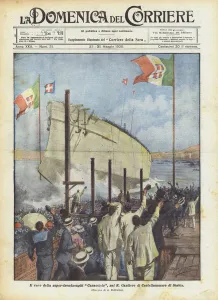 The launch of the super-dreadnought Caracciolo, in the R Cantiere di Castellammare di Stabia (colour litho) The launch of the super-dreadnought Caracciolo, in the R Cantiere di Castellammare di Stabia (colour litho)
