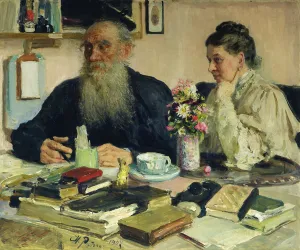 Leo Tolstoy with his wife in Yasnaya Polyana, 1907 (oil on canvas) Leo Tolstoy with his wife in Yasnaya Polyana, 1907 (oil on canvas)