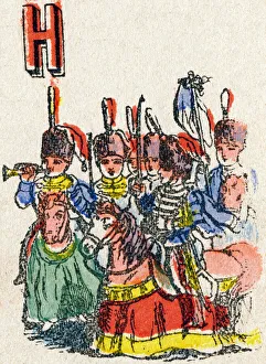 Letter H Hussards. Engraving in 'Alphabet des jeux'. Mr Letter H Hussards. Engraving in 'Alphabet des jeux'. Mr