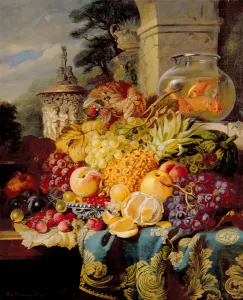 Still life of fruit on a ledge with a goldfish bowl, 1876 Still life of fruit on a ledge with a goldfish bowl, 1876