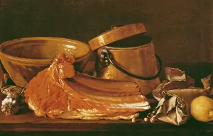 Still Life with meat, cooking pots, chickpeas, a lemon and garlic (oil on canvas) Still Life with meat, cooking pots, chickpeas, a lemon and garlic (oil on canvas)