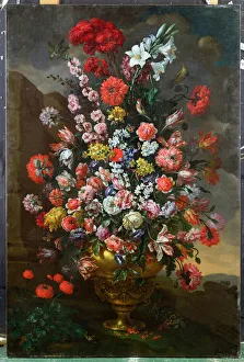 Lilies, Tulips, Carnations, Peonies, Convolvuli and Other Flowers in a Bronze Urn with Lilies, Tulips, Carnations, Peonies, Convolvuli and Other Flowers in a Bronze Urn with