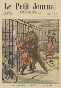 A lion tamer injured by a lion (colour litho) A lion tamer injured by a lion (colour litho)