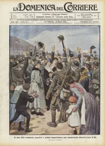 In a Lombard city, commoners and soldiers improvise a moving demonstration to the King (colour litho) In a Lombard city, commoners and soldiers improvise a moving demonstration to the King (colour litho)