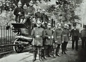 London Fire Brigade: group of firemen, with engine and turncocks, 1895 (b/w photo) London Fire Brigade: group of firemen, with engine and turncocks, 1895 (b/w photo)