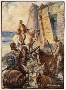 Macbeth being refused entrance by Lady Macduff while her husband escapes by sea Macbeth being refused entrance by Lady Macduff while her husband escapes by sea