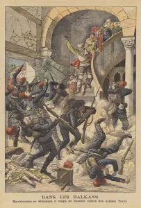 Macedonians defending themselves with bombs against Turkish soldiers (colour litho) Macedonians defending themselves with bombs against Turkish soldiers (colour litho)