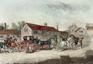 The Mail Coach Changing Horses, engraved by R. Havell, 1815 (colour litho) The Mail Coach Changing Horses, engraved by R. Havell, 1815 (colour litho)