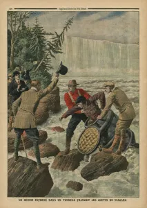 A man in a barrel crossing the Niagara Falls, illustration from Le Petit Journal A man in a barrel crossing the Niagara Falls, illustration from Le Petit Journal
