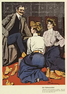 Good shoes will take you good places Collection: Man enjoying the attentions of two female shop assistants at a shoe shop (colour litho)
