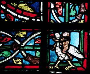 Man riding a bird, 13th century (stained glass) Man riding a bird, 13th century (stained glass)