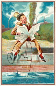 Man riding a penny farthing into a canal (chromolitho) Man riding a penny farthing into a canal (chromolitho)