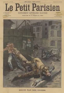 A man saved from criminals by his dogs (colour litho) A man saved from criminals by his dogs (colour litho)