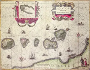 Map of The Moluccan Island, engraved by Jodocus Hondius, 1630 (colour engraving) Map of The Moluccan Island, engraved by Jodocus Hondius, 1630 (colour engraving)