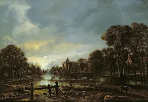 Moonlit River Landscape with Cottages on the Wooded Banks (oil on canvas) Moonlit River Landscape with Cottages on the Wooded Banks (oil on canvas)