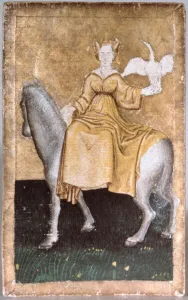 A mounted lady holding a heron on one hand, one of a set of playing cards depicting A mounted lady holding a heron on one hand, one of a set of playing cards depicting
