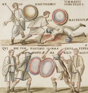 Ms Gen 1496 Plate CXVI Gladiators, 1674 (w/c on paper) Ms Gen 1496 Plate CXVI Gladiators, 1674 (w/c on paper)