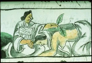 Ms Palat. 218-220 Book IX Aztec midwife administering herbs to a woman after childbirth Ms Palat. 218-220 Book IX Aztec midwife administering herbs to a woman after childbirth