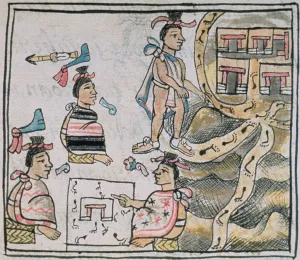 Ms Palat. 218-220 Book IX Aztecs consulting and following a map, from the 'Florentine Ms Palat. 218-220 Book IX Aztecs consulting and following a map, from the 'Florentine