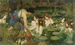 Prints of MAN62987 Hylas and the Nymphs, 1896 (oil on canvas) by Waterhouse, John William (1849-1917); 132.1x197.5 cm; Manchester Art Gallery England Prints: John William Waterhouse - Hylas and the Nymphs Print (1896)