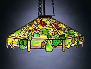 A Nasturtium leaded glass and bronze hanging chandelier, (glass, bronze) A Nasturtium leaded glass and bronze hanging chandelier, (glass, bronze)