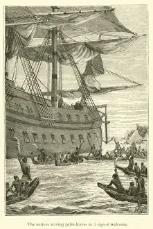 The natives waving palm-leaves as a sign of welcome (engraving) The natives waving palm-leaves as a sign of welcome (engraving)