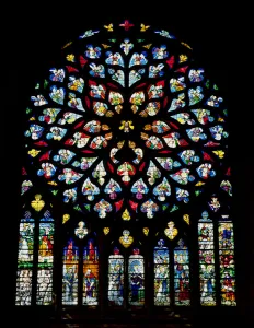 North transept rose window depicting Psalm 150 (stained glass) North transept rose window depicting Psalm 150 (stained glass)