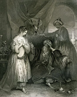Ali Baba And The Forty Thieves Collection: Old man and young woman, in Arabian Nights, c. 1850 (engraving)