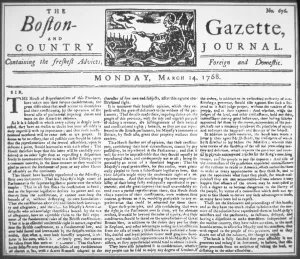 Front page of the Boston Gazette containing a circular letter by Samuel Adams to a Front page of the Boston Gazette containing a circular letter by Samuel Adams to a