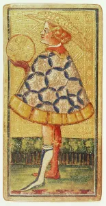 The Page of Coins, from a pack of tarot cards (gouache & gilt on card) The Page of Coins, from a pack of tarot cards (gouache & gilt on card)