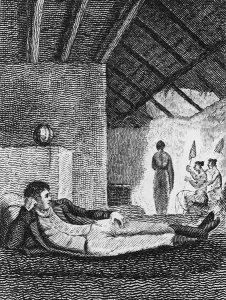 Park resting in a native hut during his travels, 1816 (engraving) Park resting in a native hut during his travels, 1816 (engraving)