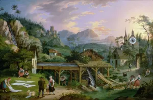 Picture Clock with scene of an Alpine village landscape with clock mechanism in church Picture Clock with scene of an Alpine village landscape with clock mechanism in church
