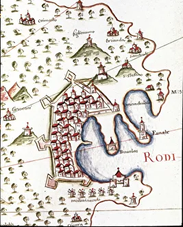 The port of Rhodes in Greece (Detail of the portulan of Castellini, 17th century) The port of Rhodes in Greece (Detail of the portulan of Castellini, 17th century)