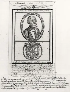 Portrait of Hernando Cortes (1485-1547) and his arms (engraving) (b/w photo) Portrait of Hernando Cortes (1485-1547) and his arms (engraving) (b/w photo)