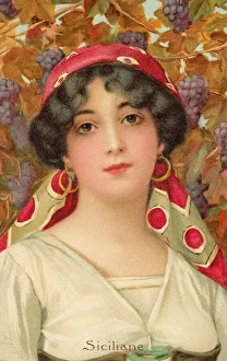 Portrait of an Sicilian woman with a grape vine (colour litho) Portrait of an Sicilian woman with a grape vine (colour litho)