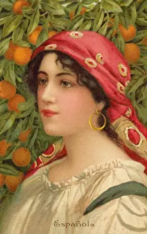 Portrait of a Spanish woman with an orange tree (colour litho) Portrait of a Spanish woman with an orange tree (colour litho)