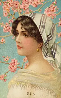 Portrait of a woman with a tree in blossom (colour litho) Portrait of a woman with a tree in blossom (colour litho)