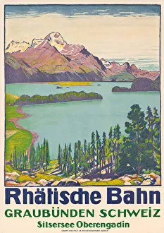 Poster advertising travel to Graubunden by the Swiss company Rhaetian Railway Poster advertising travel to Graubunden by the Swiss company Rhaetian Railway