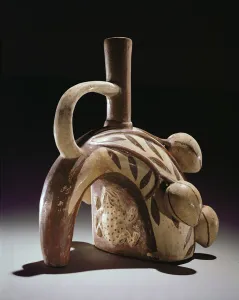 Pottery vessel of a frog climbing a cocoa tree, Mochica (earthenware) Pottery vessel of a frog climbing a cocoa tree, Mochica (earthenware)