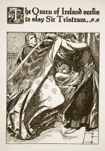 The Queen of Ireland seeks to slay Sir Tristram, illustration from ' The Queen of Ireland seeks to slay Sir Tristram, illustration from '