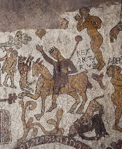 Representation of King Arthur and Perceval. Mosaic of Pantaleone, priest and mosaic Representation of King Arthur and Perceval. Mosaic of Pantaleone, priest and mosaic