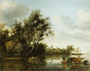 Amidst Collection: A River Landscape with a Hayloft among Trees and a Ferryboat with Passengers and Cattle
