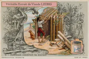 Robinson Crusoe building his hut (chromolitho) Robinson Crusoe building his hut (chromolitho)