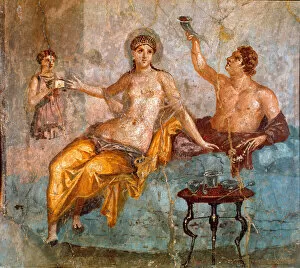 Roman Art: banquet scene, a young man and a courtesan (a banquet in the ancient rome